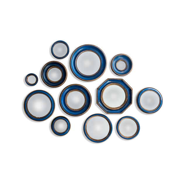 Set of 12 convex blue & gold framed mirrors