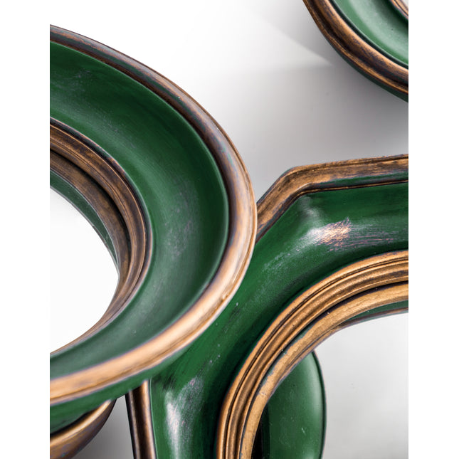 Set of 12 convex green & gold framed mirrors - due in June