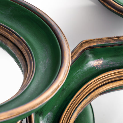 Set of 36 convex blue-red-green and gold framed mirrors