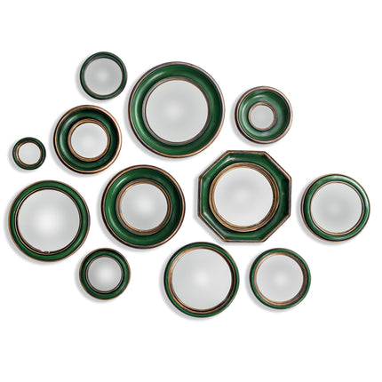 Set of 12 convex green & gold framed mirrors - due in June