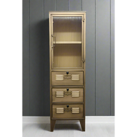 Muted gold metal & ribbed glass tall slim storage cabinet