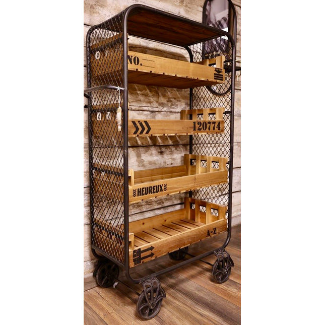 Industrial Black Metal & Reclaimed Wood 4-Tier Shelving Trolley