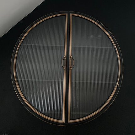 Big round black metal wall cabinet with ribbed glass double doors