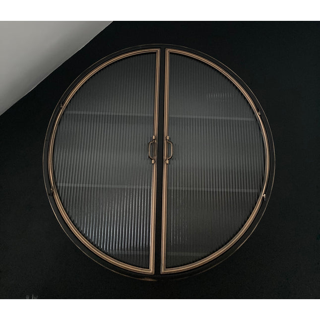 Big round black metal wall cabinet with ribbed glass double doors