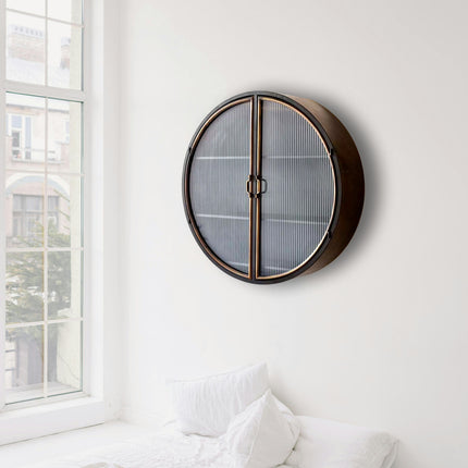 Big round black metal wall cabinet with ribbed glass double doors