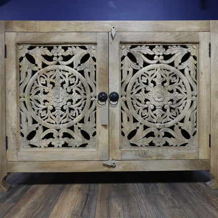 Ornate Carved Wood Shelved Storage Cupboard
