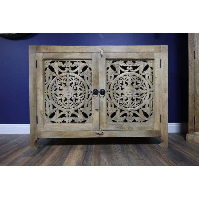 Ornate Carved Wood Shelved Storage Cupboard