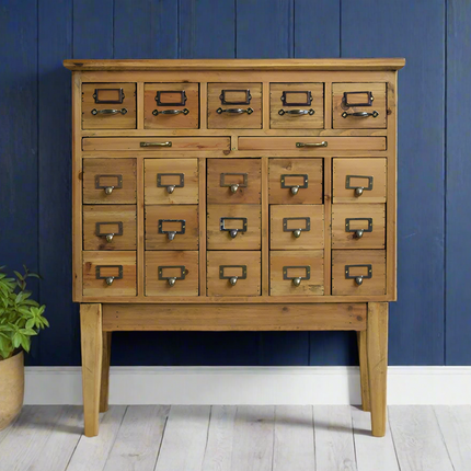 Wood multi drawer apothecary storage cabinet.
