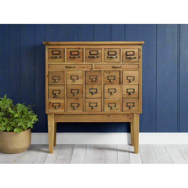 Wood multi drawer apothecary storage cabinet.