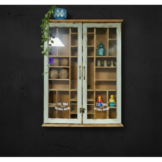 Rustic wood & glass collectors wall display cabinet - Elderflower Lane