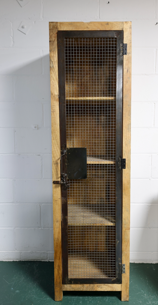 Tall slim metal mesh fronted rustic wood storage locker cabinet