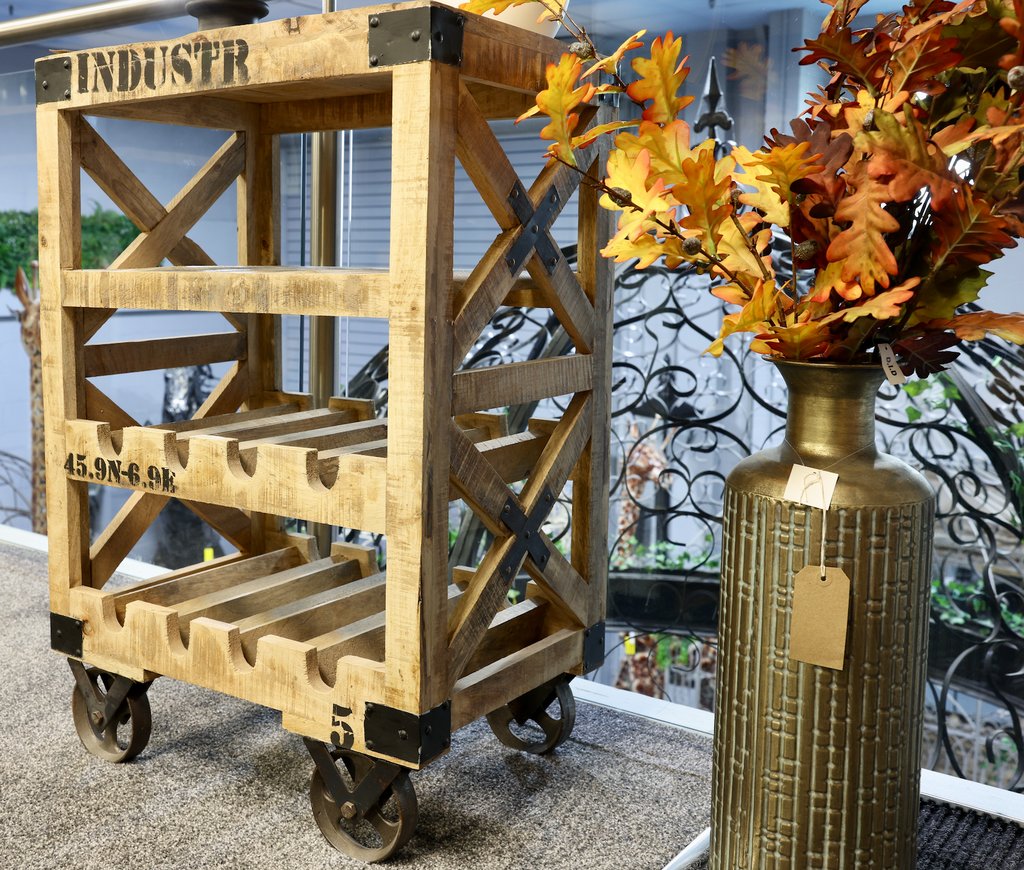 Rustic compact wood wine trolley cabinet.