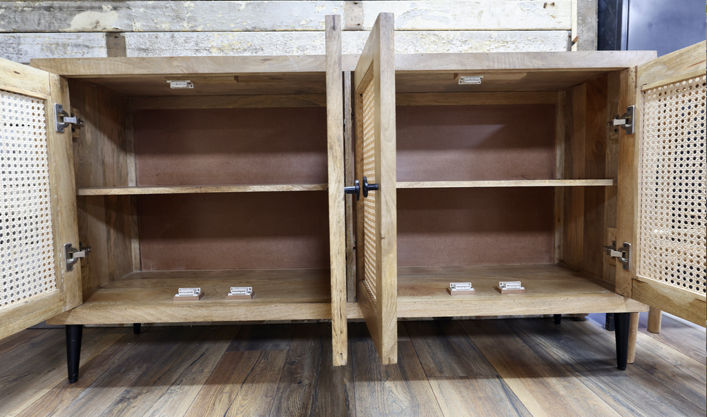 Large rustic acacia wood & rattan sideboard - storage cabinet.