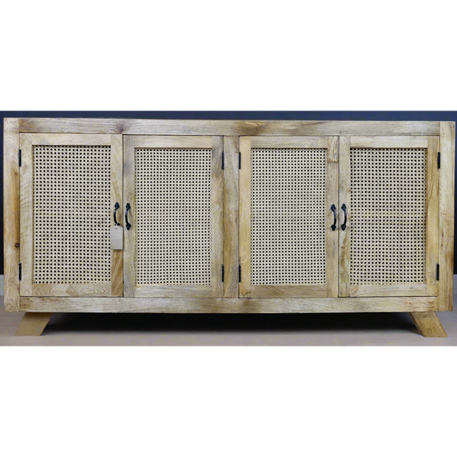 Rattan & wood 4 door sideboard console cabinet