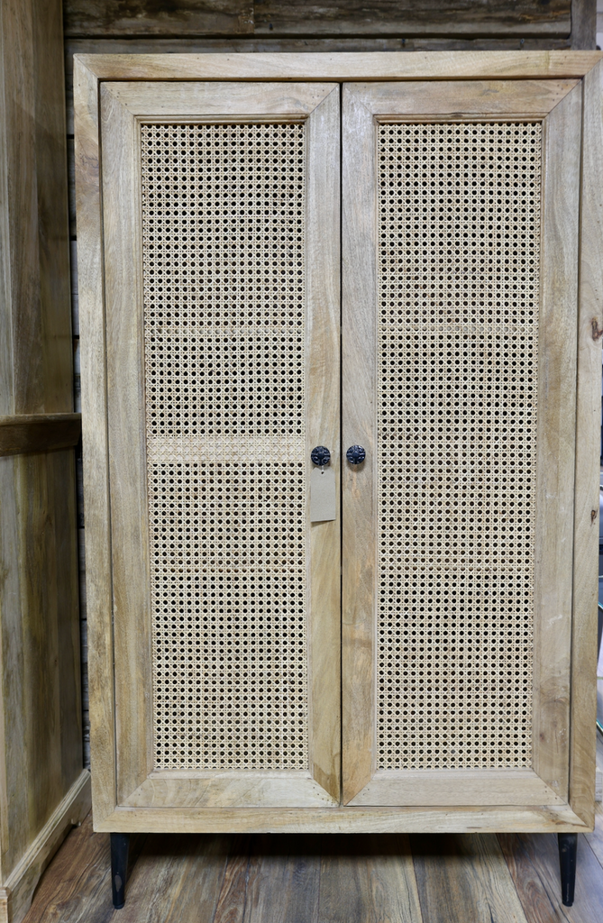 Tall rustic solid wood & rattan hand carved double door shelved storage cabinet.