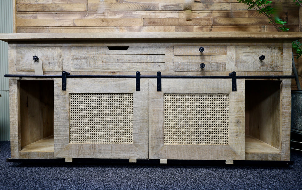 Large rustic solid wood & rattan sideboard storage cabinet. Back in stock May