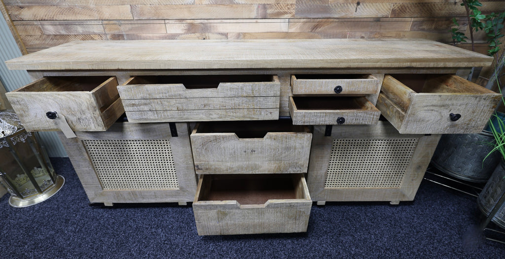 Large rustic solid wood & rattan sideboard storage cabinet. Back in stock May