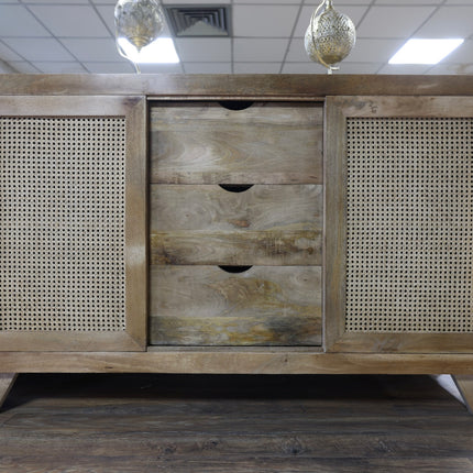 Acacia wood & rattan 3 drawer storage cabinet