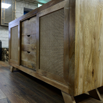 Acacia wood & rattan 3 drawer storage cabinet