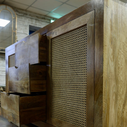 Acacia wood & rattan 3 drawer storage cabinet