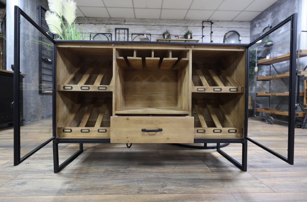 Black metal & rustic wood wine storage sideboard cabinet