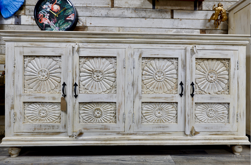 6ft long whitewashed 4 door hand carved ornate storage cabinet - sideboard