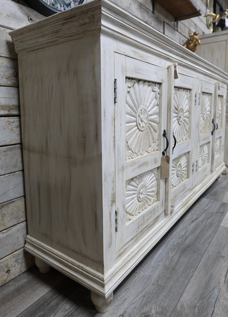6ft long whitewashed 4 door hand carved ornate storage cabinet - sideboard
