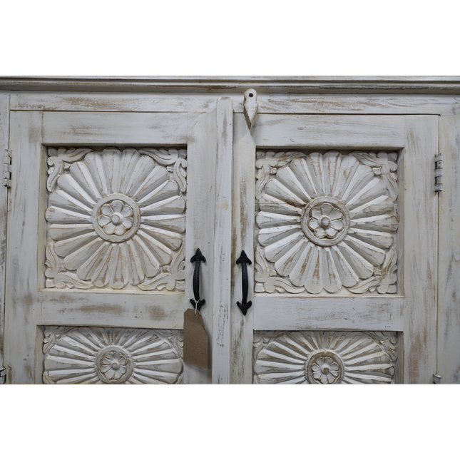 6ft wide carved white wood ornate storage cabinet
