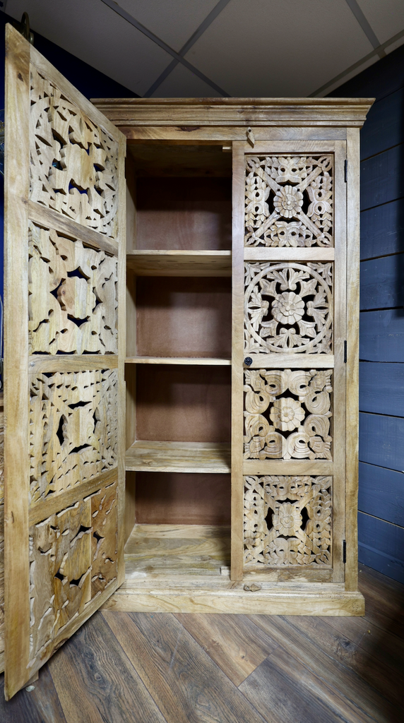 Tall ornate hand carved rustic armoire cabinet