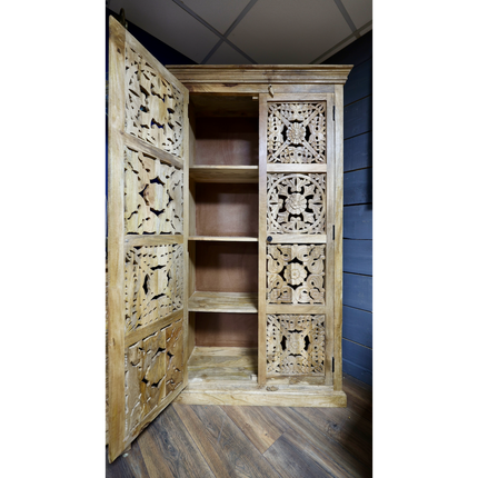 Tall ornate carved natural wood storage cabinet  UK- Elderflower Lane