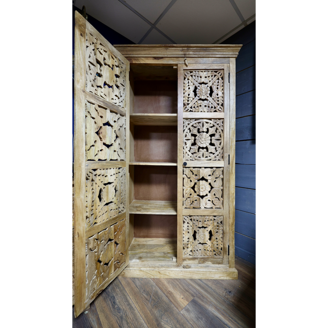 Tall ornate carved natural wood storage cupboard - Back in stock September