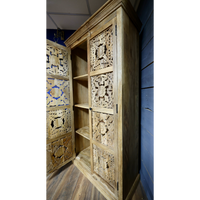 Tall ornate carved natural wood storage cupboard - Back in stock September