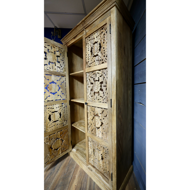 Tall ornate carved natural wood storage cupboard - Back in stock September
