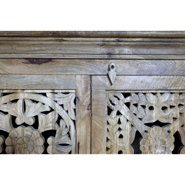 Tall ornate carved natural wood storage cupboard - Back in stock September