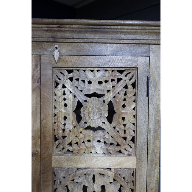 Tall ornate carved natural wood storage cupboard - Back in stock September