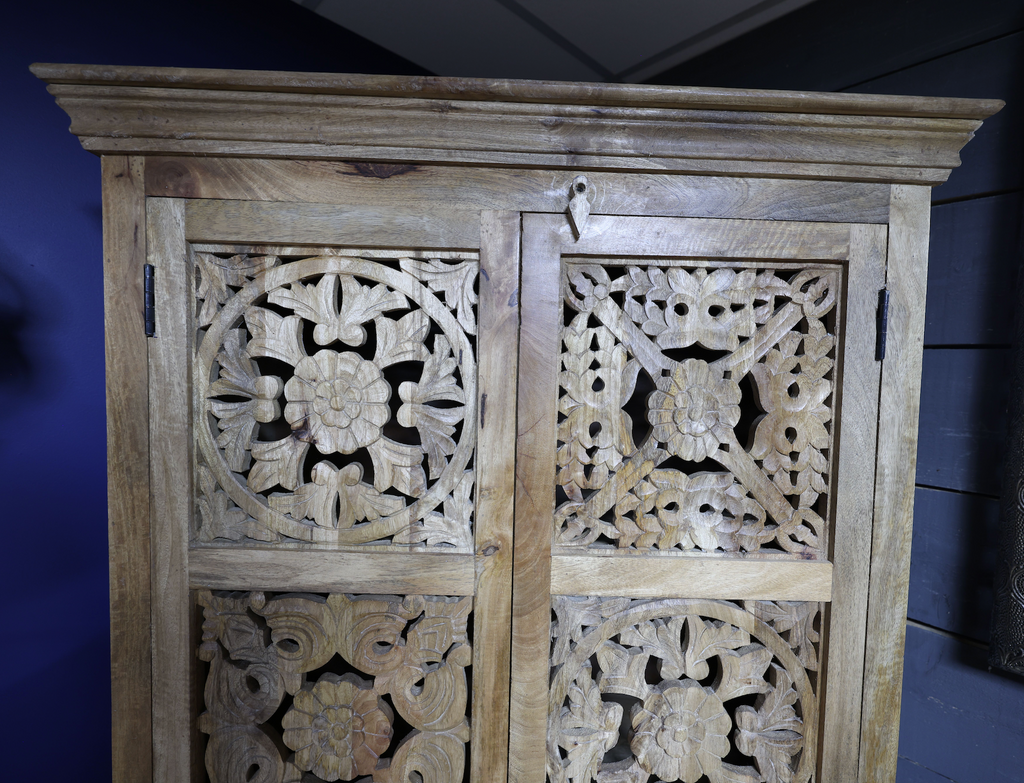 Tall ornate hand carved rustic armoire cabinet