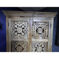 Tall ornate carved natural wood storage cupboard - Back in stock September