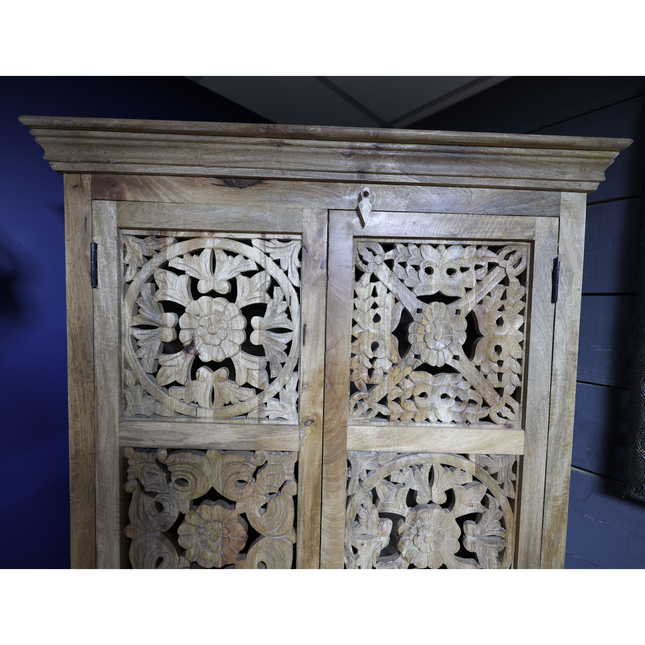 Tall ornate carved natural wood storage cupboard - Back in stock September