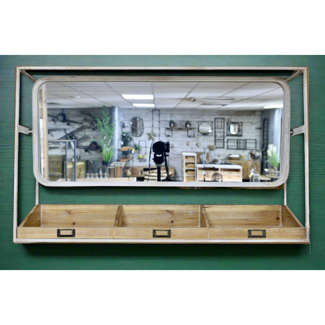 White metal wide mirror wall shelf unit