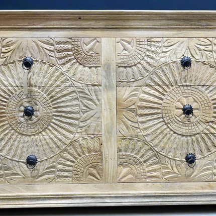 Large ornate carved natural wood chest of drawers