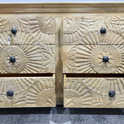 Large ornate carved natural wood chest of drawers