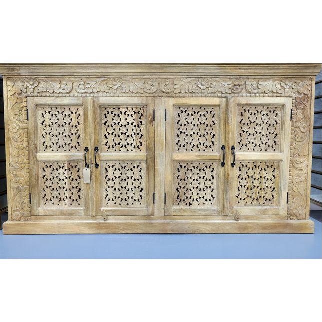 Large artisan carved 4 door ornate wood storage cabinet