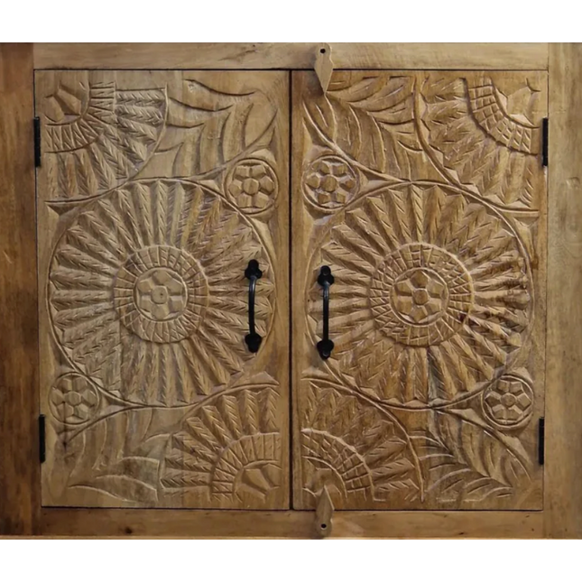Natural wood ornate carved 2 door cupboard