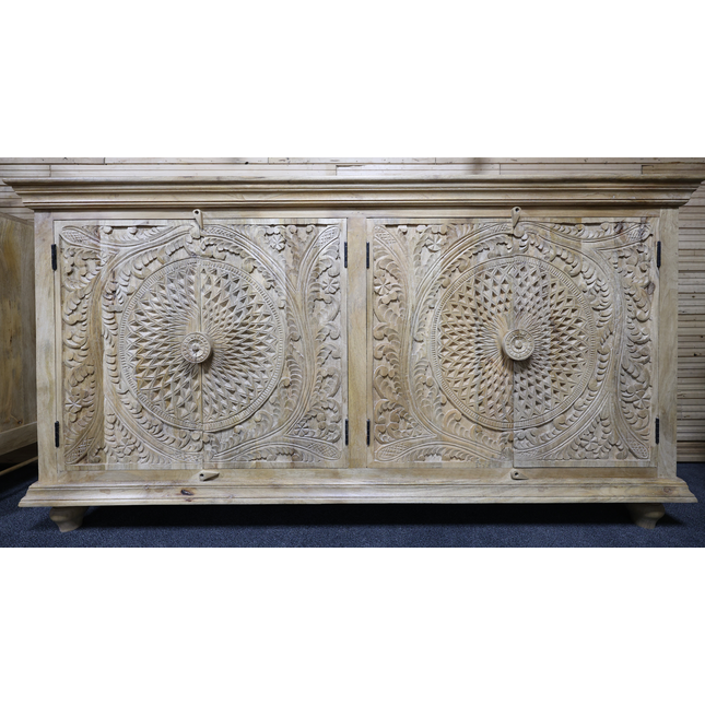 Artisan 6ft wide hand carved rustic natural wood sideboard cabinet