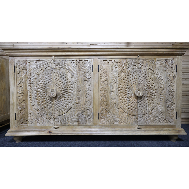 Artisan 6ft wide hand carved rustic natural wood sideboard cabinet 