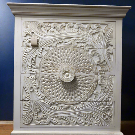 White ornate carved wood chest of 4 drawers