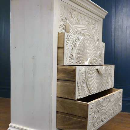 White ornate carved wood chest of 4 drawers
