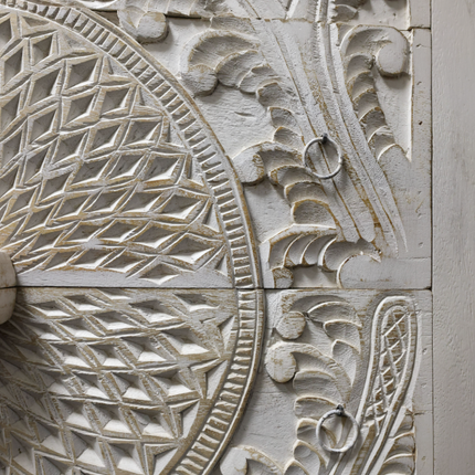 White ornate carved wood chest of 4 drawers