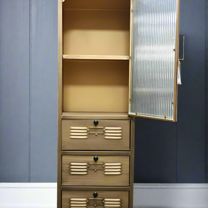 Muted gold metal & ribbed glass tall slim storage cabinet