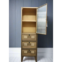 Muted gold metal & ribbed glass tall slim storage cabinet
